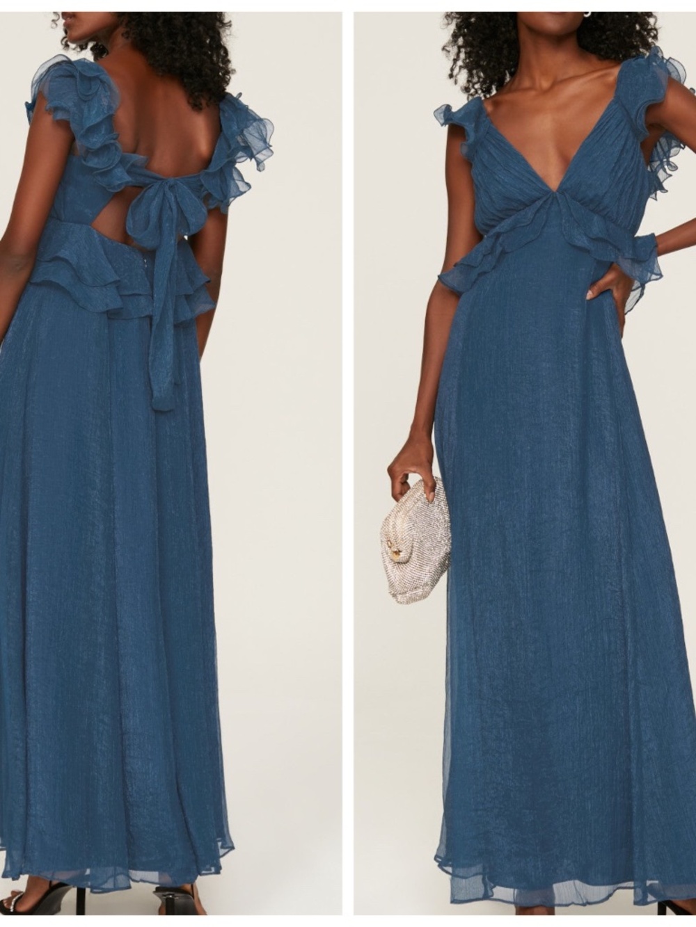 Hutch Rumi Open Tie Back Ruffle Maxi Dress Gown Blue Chiffon - Size XS